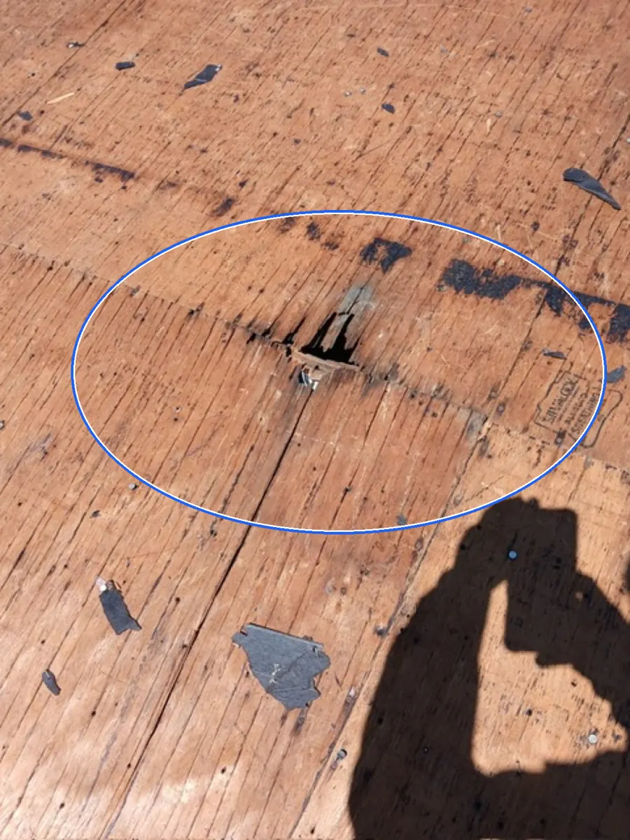 Exposed underlayment, circled on a C&N Construction job photo in Oak Lawn, IL