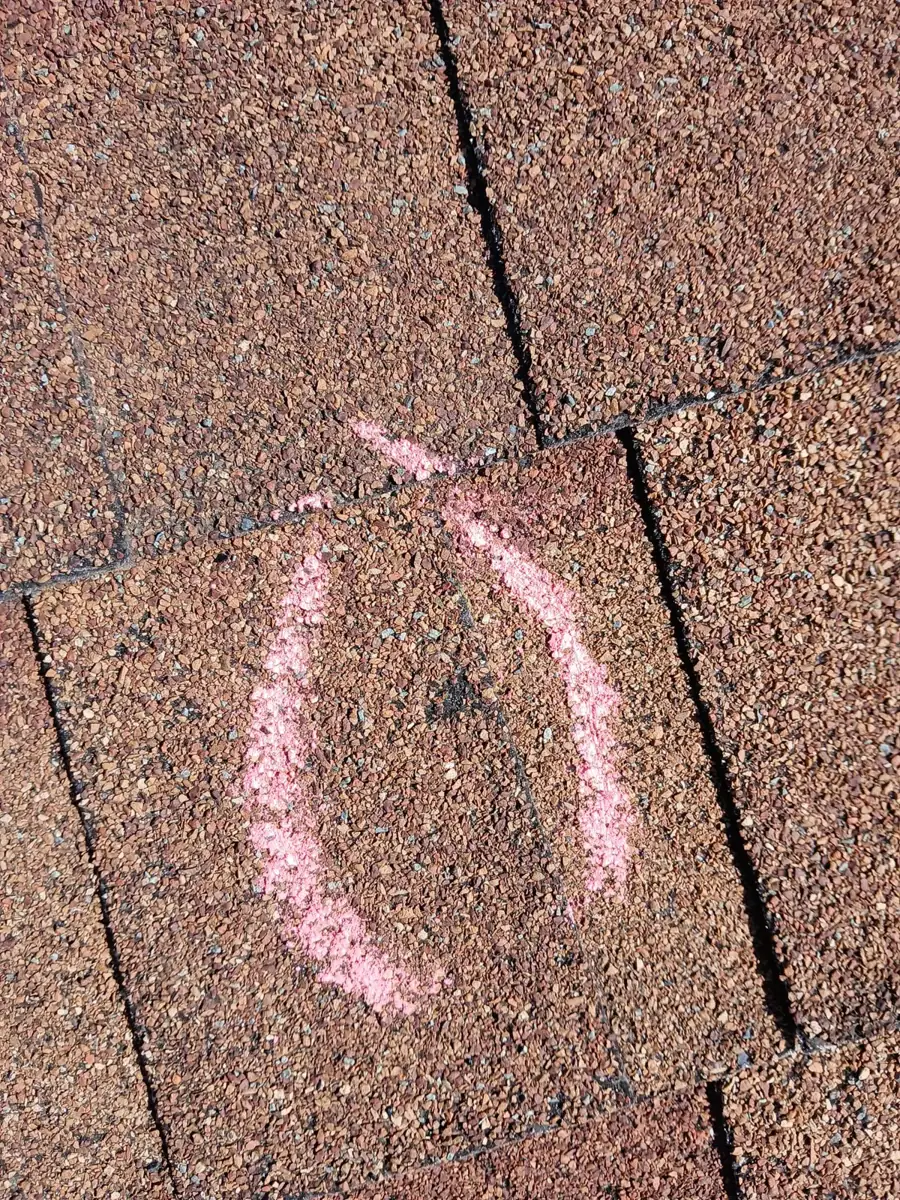 A single hail impact on an asphalt shingle circled in pink chalk