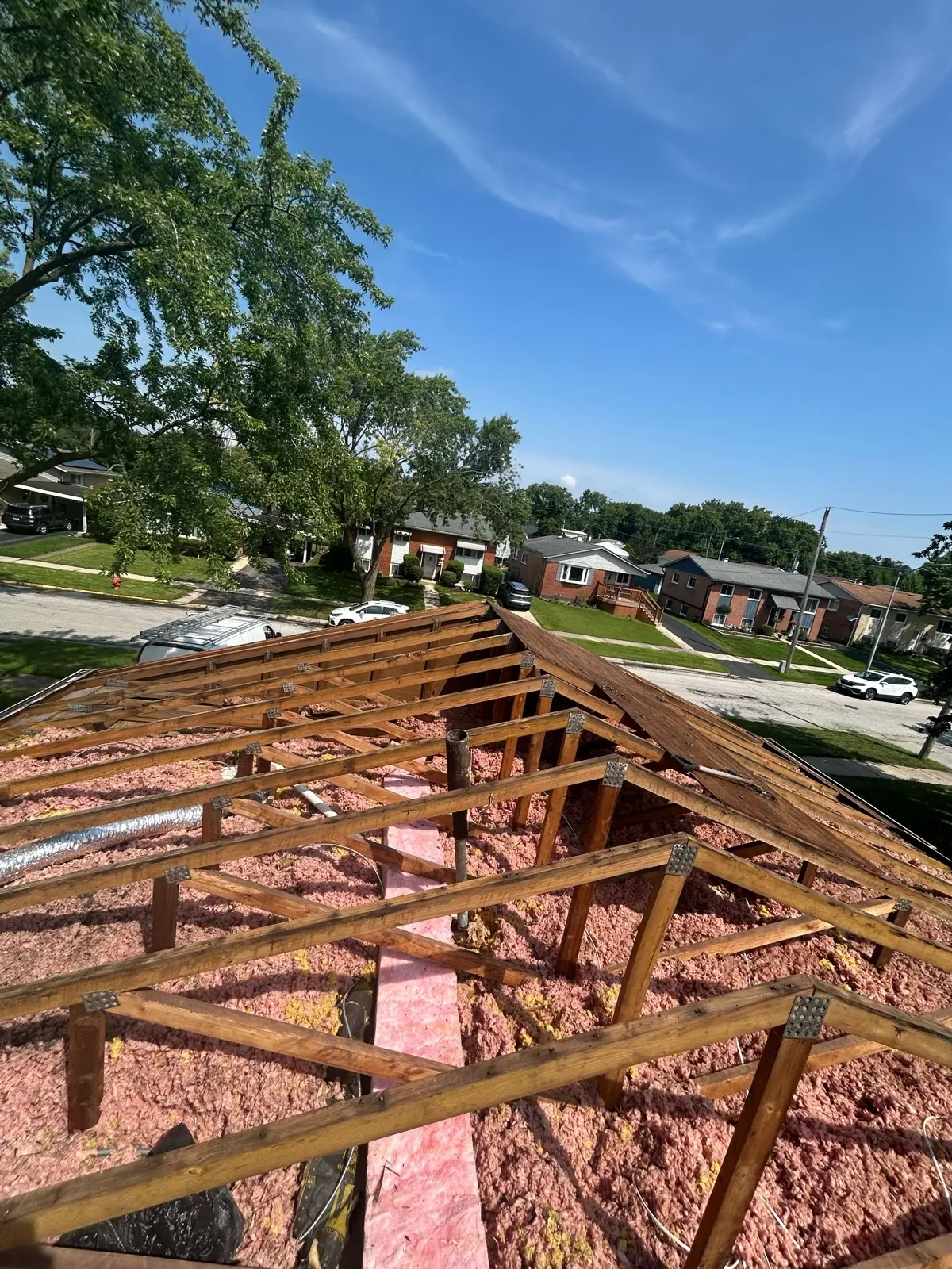 A roof deck being prepared with insulation and underlayment in Alsip, IL