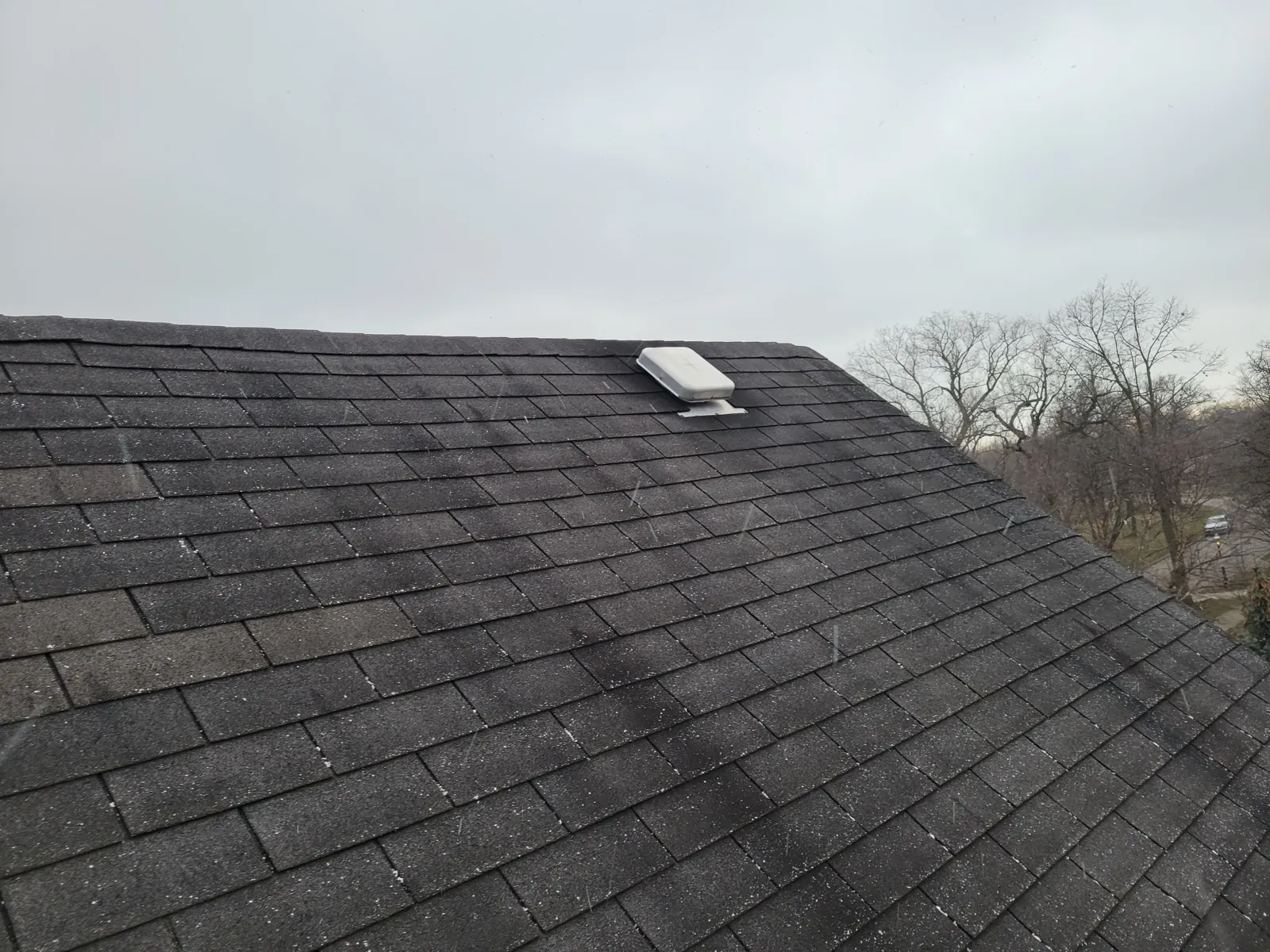 A new charcoal asphalt architectural shingle roof with a roof vent in Riverside, IL